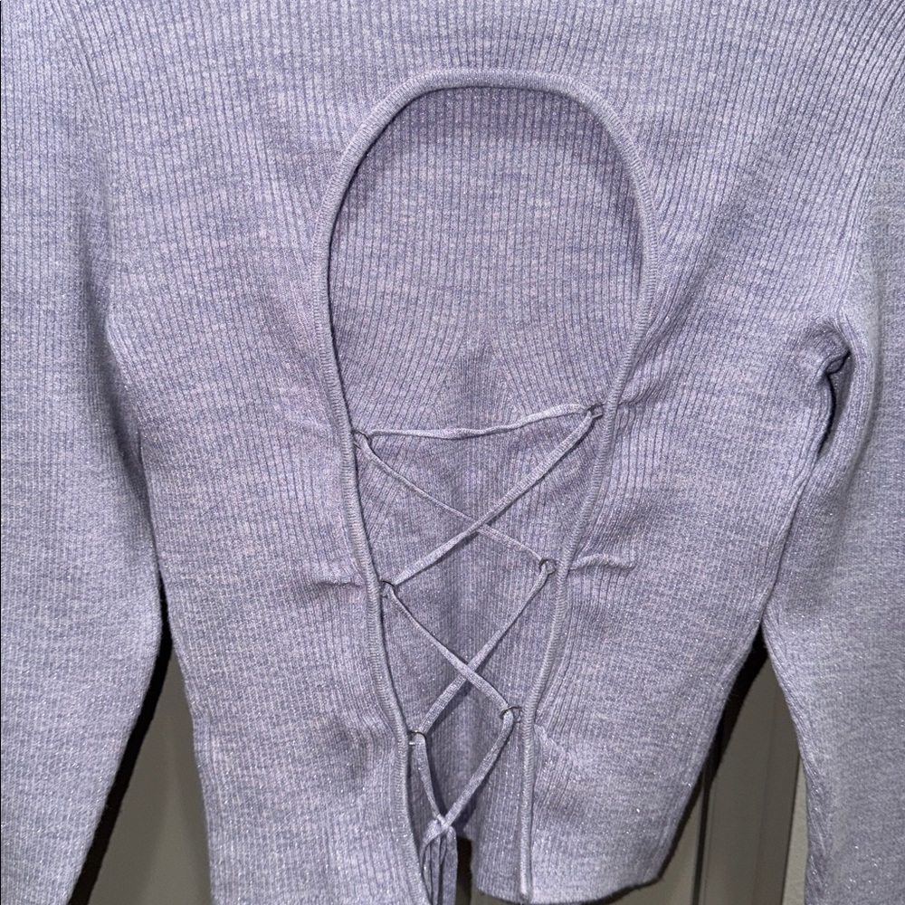 Anthropologie Mock-Neck Lace-Up Open Back lilac purple ribbed Sweater XS S - Picture 6 of 9
